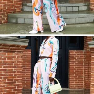 Multicolor Preppy Womens Graphic Print Slant Pocket Suit Pants